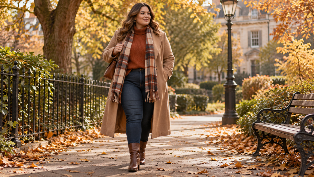 Plus-size woman in a camel coat, rust knit, dark denim, scarf and leather boots in an autumn park.