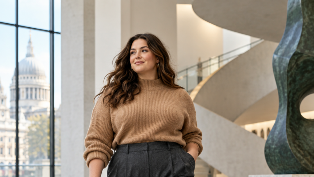 Plus-size woman styling wide-leg trousers for a practical UK outfit.