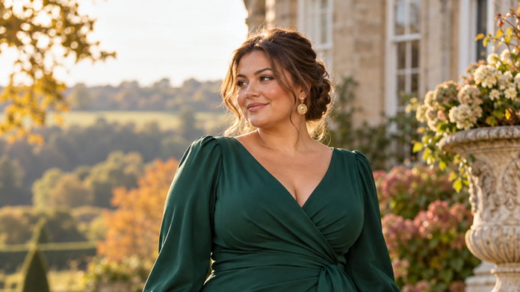 Plus-size woman in an elegant comfortable autumn wedding guest outfit.