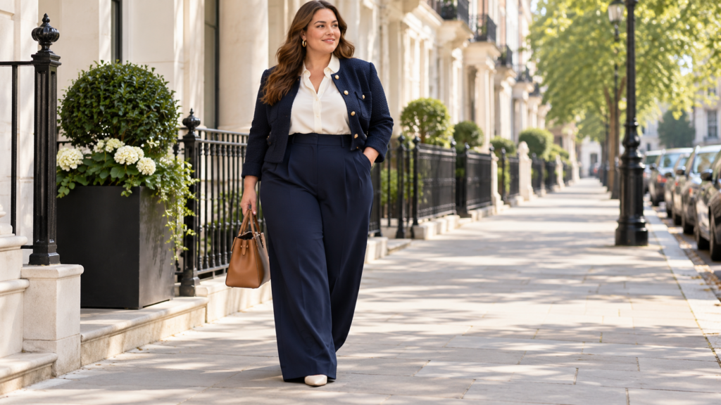 Plus-size woman wearing timeless navy wide-leg trousers, an ivory blouse and structured short jacket.