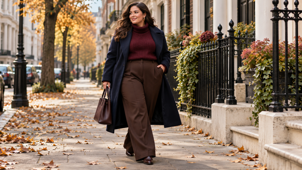 Plus-size woman wearing a coordinated burgundy knit, chocolate trousers and deep navy coat.