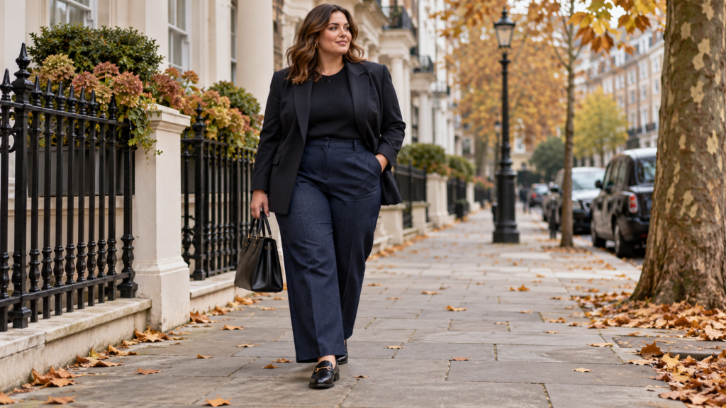 Plus-size woman in a dark blazer, fine knit and indigo trousers showing an easy autumn outfit formula.