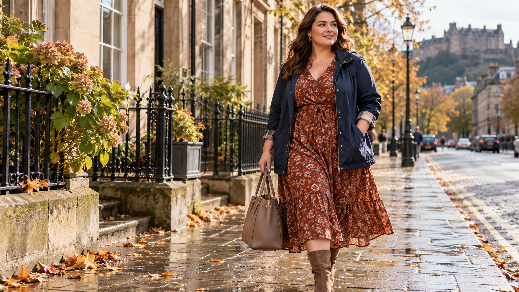 Plus-size woman wearing a navy jacket over a rust floral dress on a sunny autumn city street