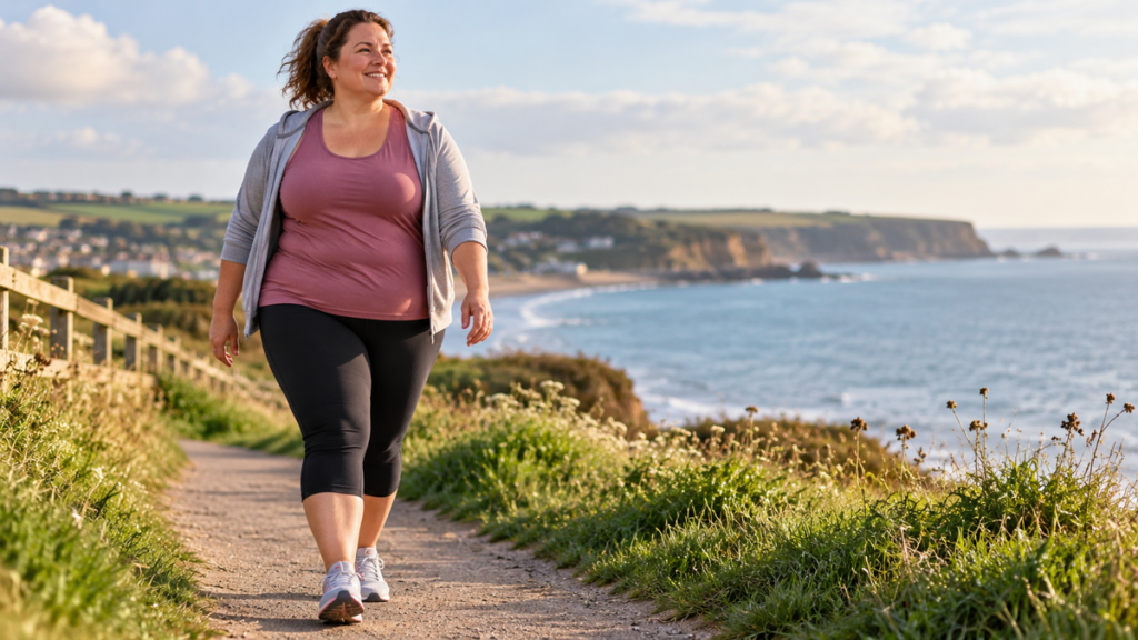 Plus-size woman starting an accessible exercise routine.