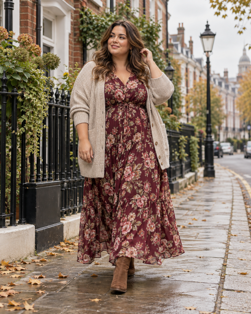 Plus-size woman wearing a summer maxi dress styled with autumn layers.