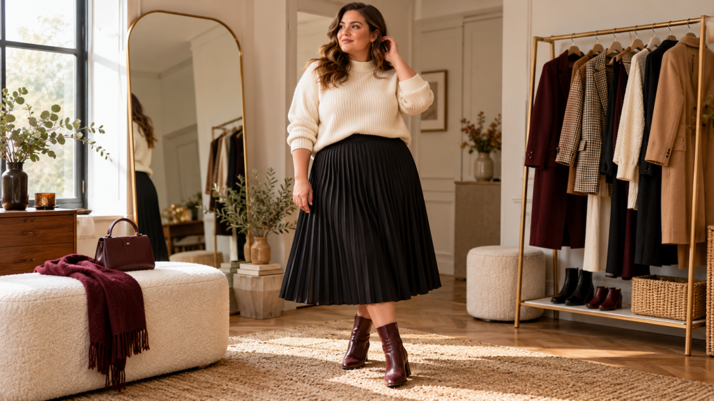 Plus-size woman styling a versatile black pleated midi skirt with a cream knit and burgundy ankle boots.