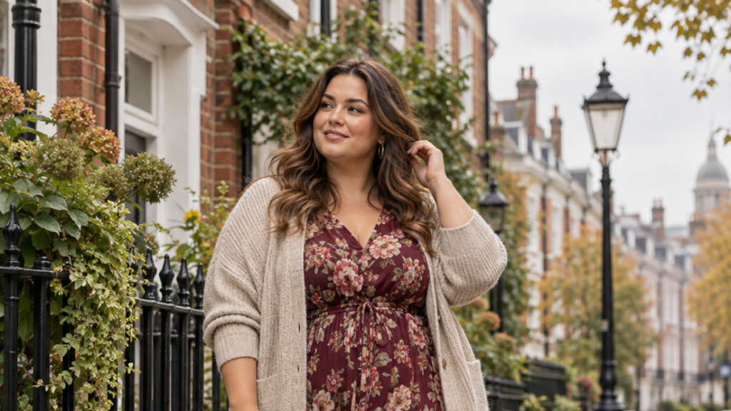 Plus-size woman wearing a summer maxi dress styled with autumn layers.
