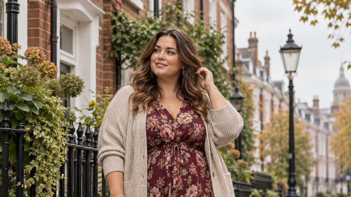 Plus-size woman wearing a summer maxi dress styled with autumn layers.