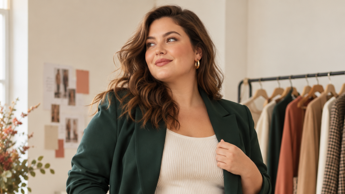 Plus-size woman in a deep green tailored workwear suit beside a curated autumn wardrobe.