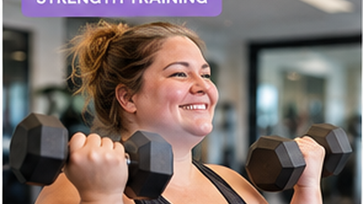 Plus-size woman strength training with confidence as a beginner.