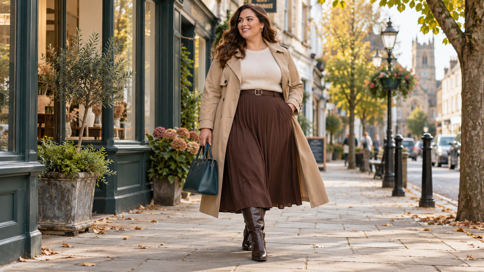 Plus-size woman wearing a trench coat, cream knit and brown pleated skirt on a UK high street