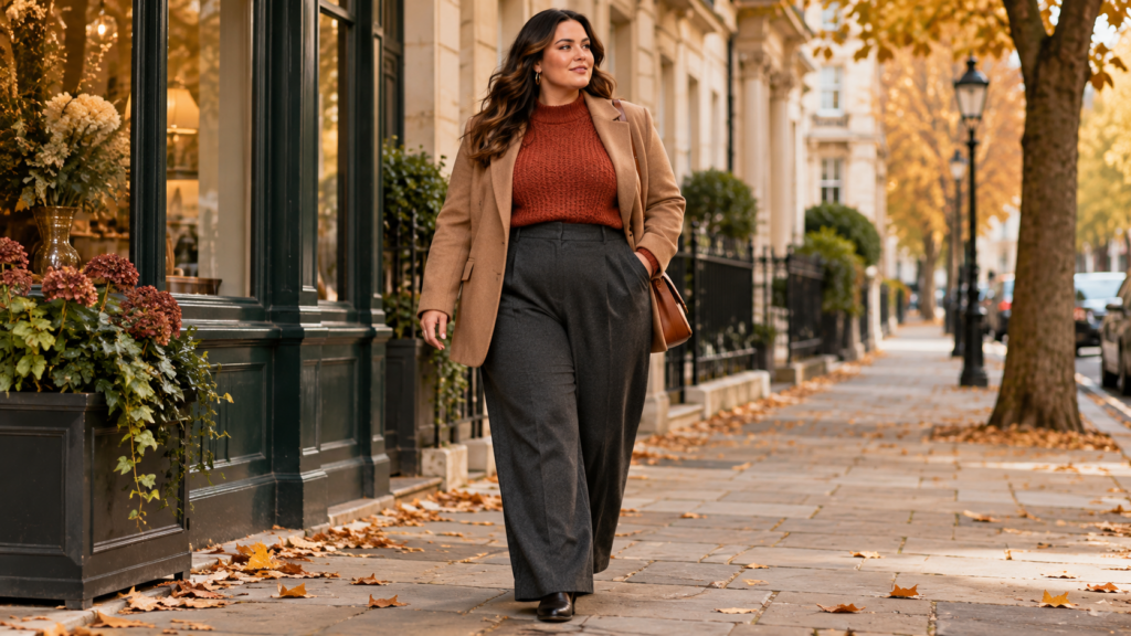 Plus-size woman wearing charcoal wide-leg trousers with a rust knit and camel jacket on an autumn London street.