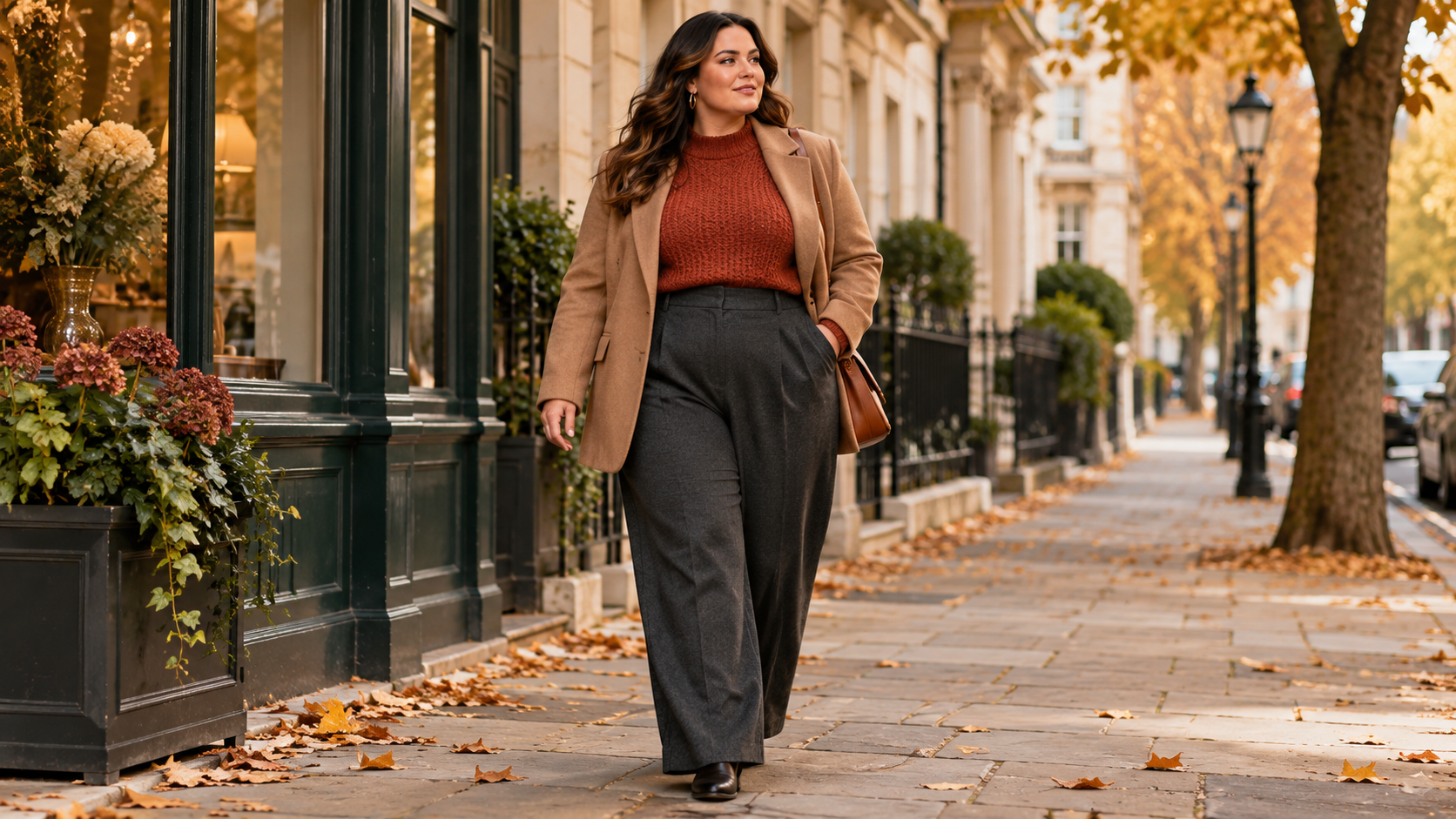 Plus-size woman wearing charcoal wide-leg trousers with a rust knit and camel jacket on an autumn London street.